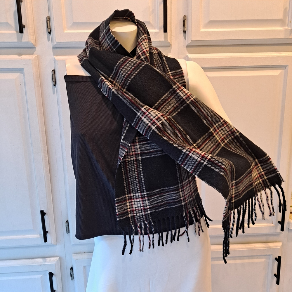Elegant Black, Gray White and Red Plaid Unisex Scarf With Fringe
